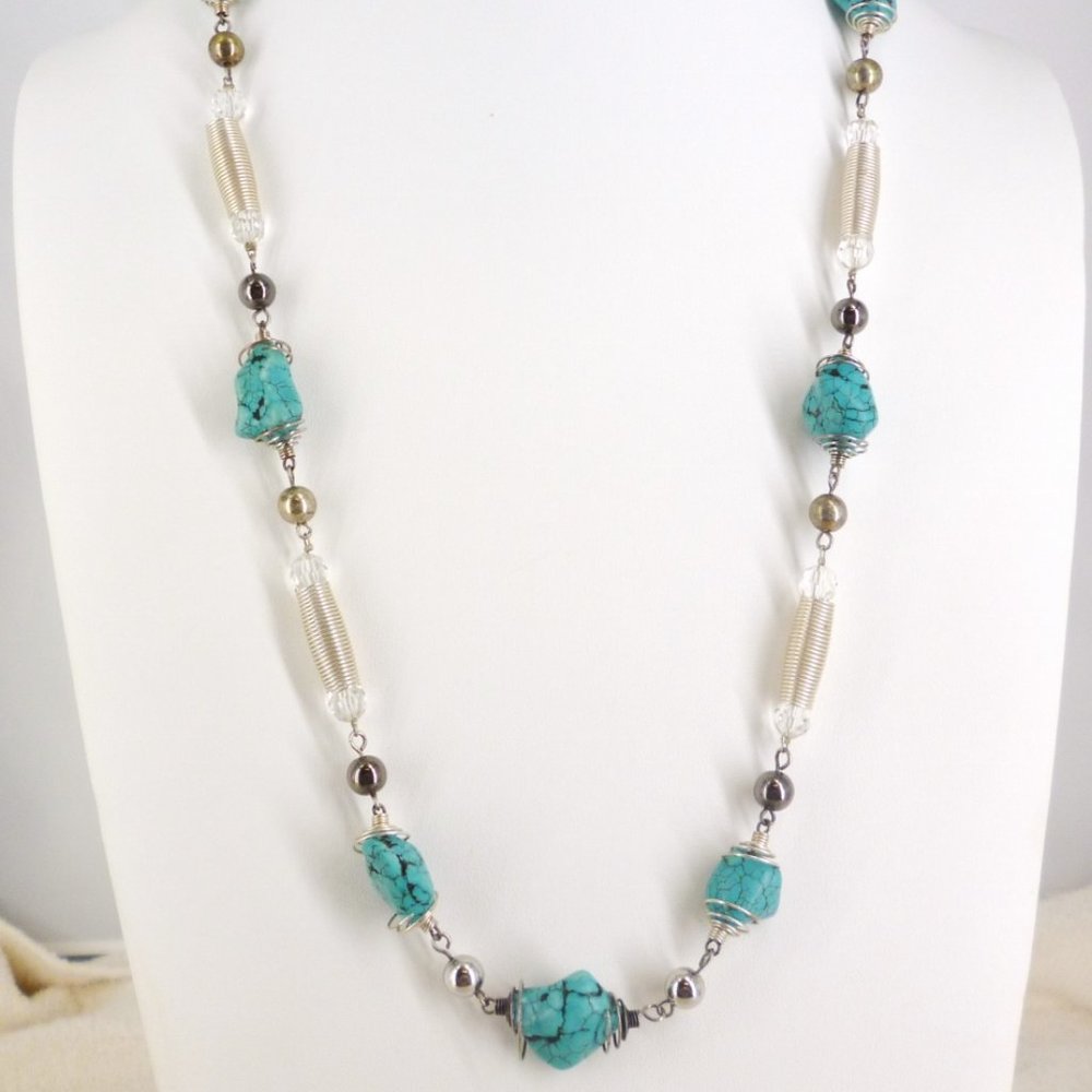 Necklace Howlite Turquoise Industrial Style Stainless Steel 28"-31" Southwestern